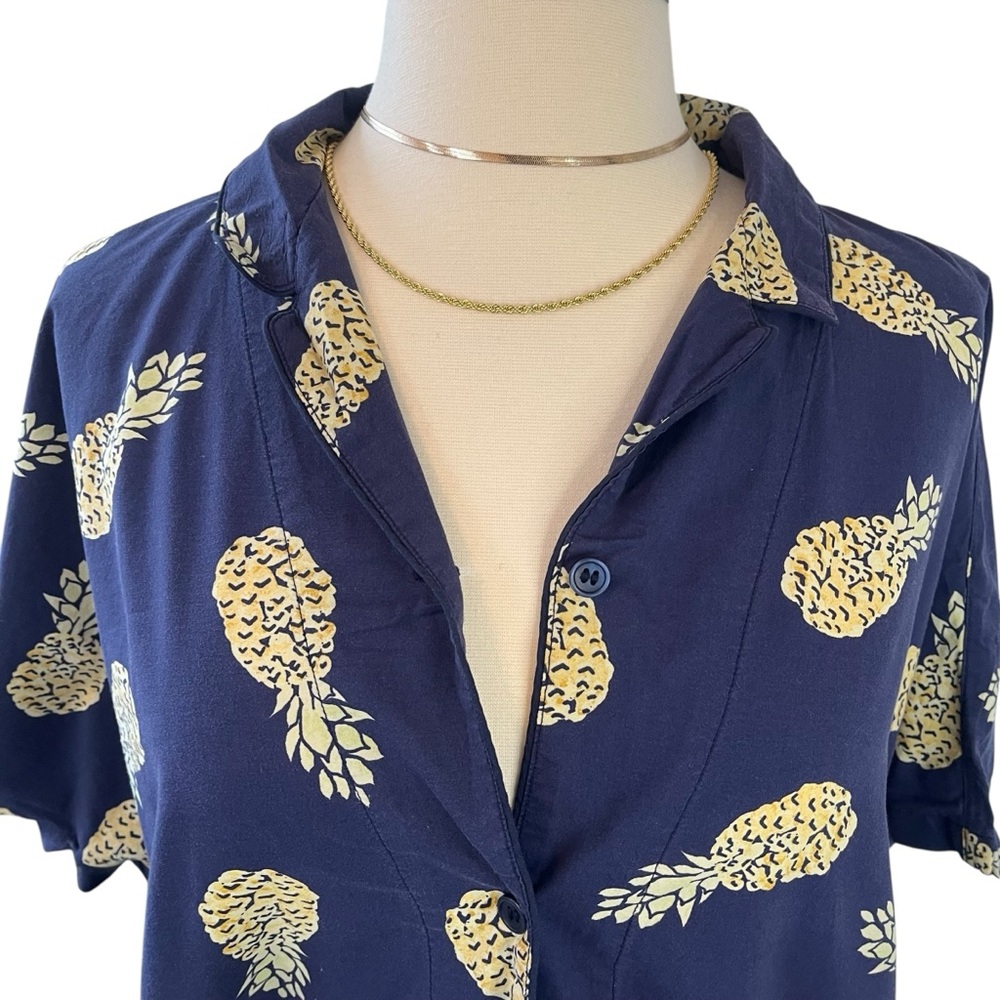 Uniqlo pineapple navy blue button down short sleeve shirt M - Picture 6 of 14